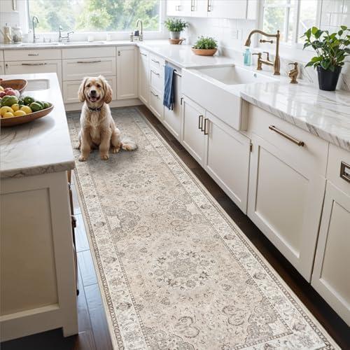 Hallway Washable Runner Rug - 72×23 Kitchen Rugs Entryway Rug Runner Vintage Soft Floor Mat Non Slip Indoor Farmhouse Carpet for Bathroom Living Room Bedroom (72×23 Beige)