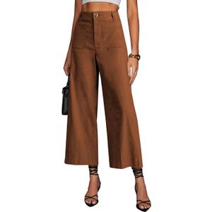 miduo Womens High Waisted Cropped Wide Leg Stretchy Straight Pants Trousers with Pockets (30, Brown)