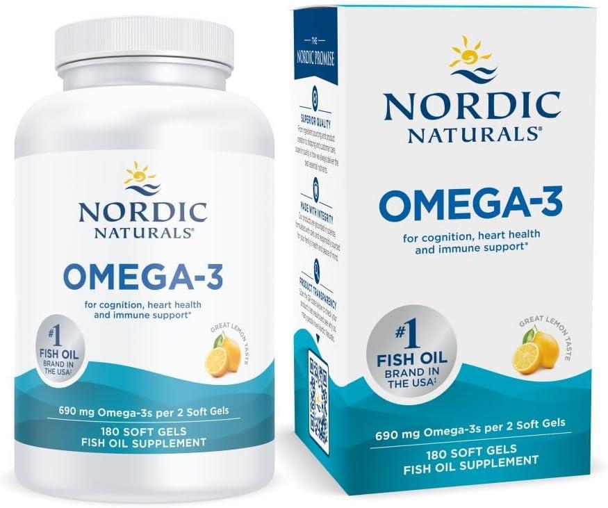 Nordic Naturals Omega-3, Lemon Flavor - 180 Soft Gels - 690 mg Omega-3 - Fish Oil - EPA & DHA - Immune Support, Brain & Heart Health, Optimal Wellness - Non-GMO - 90 Servings (EXP 10/01/28)