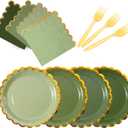 Green mix scalloped party plates with napkins and fork gold foil border, 24 Guest disposable Tableware Set Sage Green Party Decoration for Birthday Coquette Bridal Baby Shower Valentines