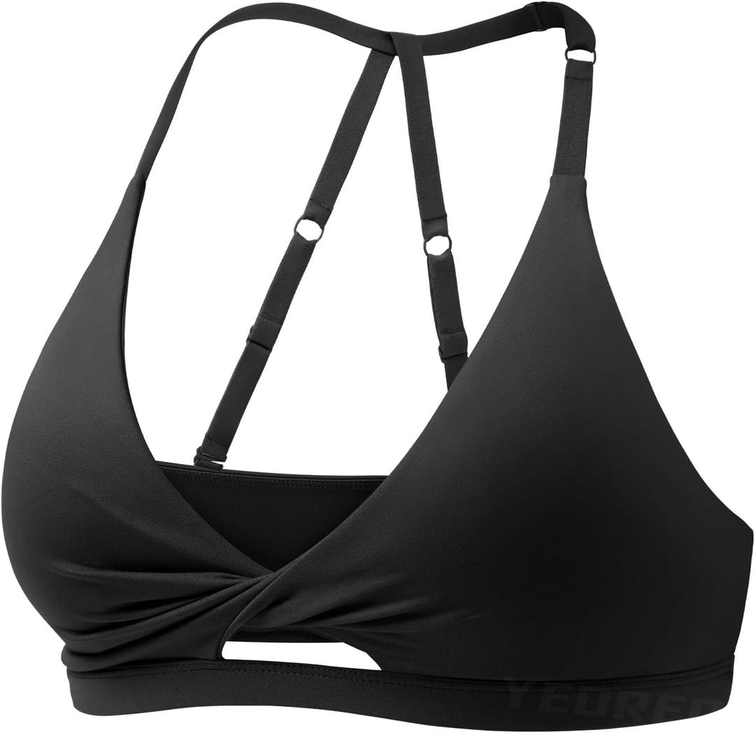 YEOREO Sports Bras for Women Open Back Workout Gym Bra Padded Medium Impact Yoga Tops with Ajustable Back Straps (Large, Black)