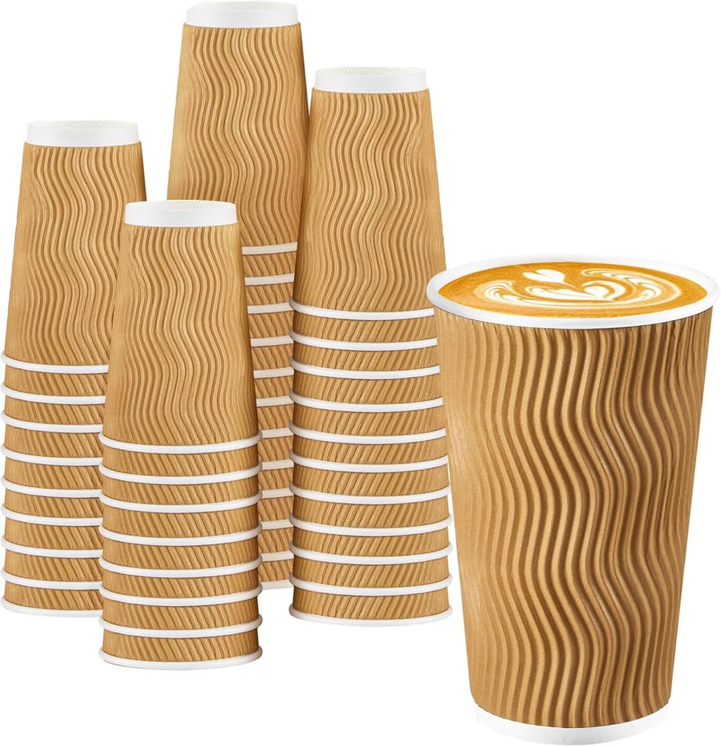 90 Pack 16 oz Disposable Coffee Cups, Insulated Ripple Wall Paper Coffee Cups 16oz, To Go Cup for Espresso, Hot Beverage Drinks (No Lids)