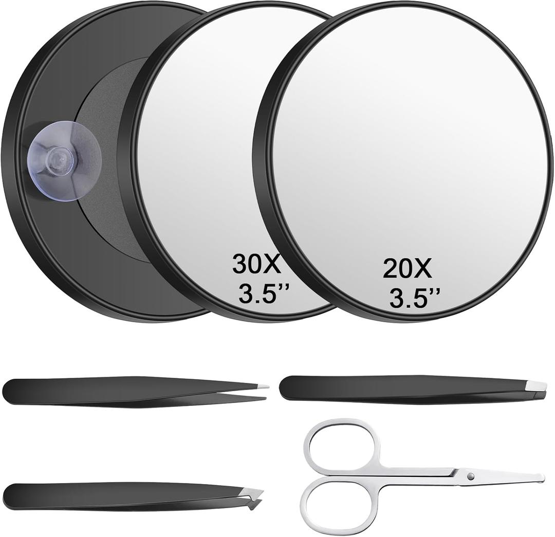ProSuites 20X/30X Magnifying Mirror with Suction Cup,Portable 3.5 in Small Travel Magnifying Mirror with 3 Pcs Eyelash Tweezers,Scissors for Makeup