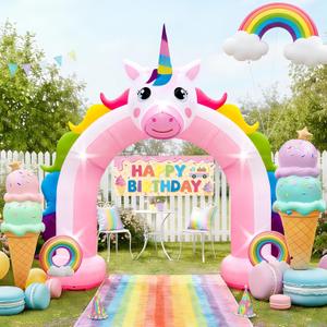 10FT Inflatable Unicorn Arch Outdoor Decorations Giant Inflatable Unicorn Rainbow Photo Backdrop with Built-in 5 LED Lights for Summer Beach Unicorn Pool Parties Girls Birthday Decor