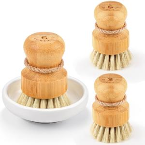 Bamboo Dish Scrub Brushes,Kitchen Wooden Cleaning Scrubbers Set for Washing Cast Iron Pan/Pot, Natural Sisal Bristles, Set of 3 (Regular size)