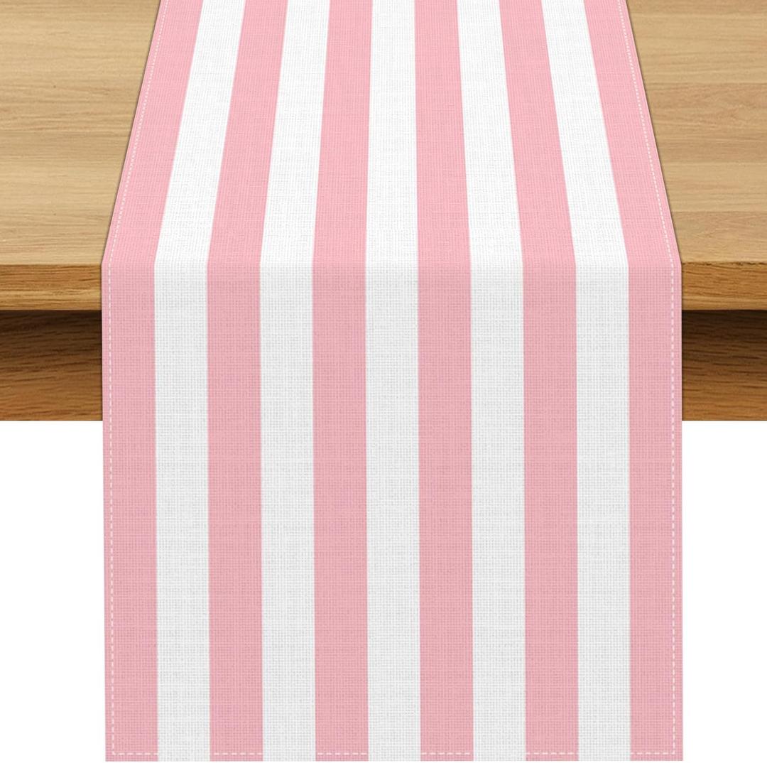 Pink and White Vertical Striped Table Runner Light Pink Birthday Party Decoration Baby Shower Dining Room Home Kitchen Table Decor (Pink, 13" x 72")