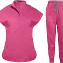 Niaahinn Scrubs Set for Women Nurse Uniform Jogger Suit Stretch Top & Pants with Multi Pocket for Nurse Esthetician Workwear Pink M