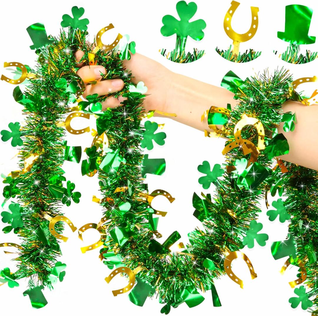 50FT St Patricks Day Decorations Garland Gold Horseshoe Green Hat Shamrock Tinsel Garland, Shiny Metallic Hanging Shamrock Decor Saint Patricks Day Decor for Home Indoor Outdoor Irish Party Supplies