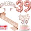 39th Birthday Decorations for Women, Including 39th Birthday Sash and Tiara, Cake Topper and Candles, Number Balloons, 39 Year Old Gifts for Women