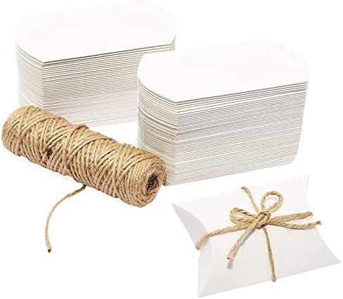 Bright Creations Mini Pillow Gift Pillow Boxes Set with Jute Twine - 100 White Paper Favor Cases for Wedding Favors, Candy & Tiny Treasures
