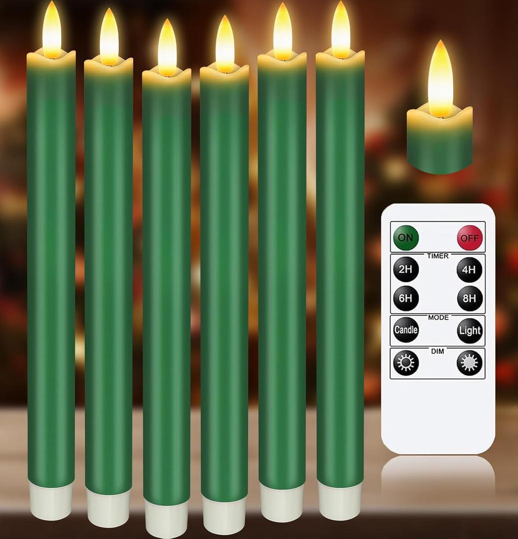 Upgraded Real Wax LED Flameless Green Taper Candles with Remote, KSWING 6 PCS Candlesticks Battery Operated 3D Flickering - 9.6" Long Realistic Fake Candle Sticks for Home/Wedding/Fireplace Xmas Decor
