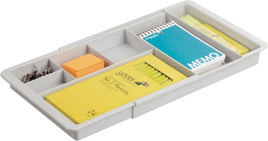 mDesign Expandable Plastic Drawer Organizer and Storage Container for Office Supplies - Gel Pen Pencil, Marker, Stationary, Desk Supply Holder for Drawers and Desktop - Lumiere Collection - Light Gray