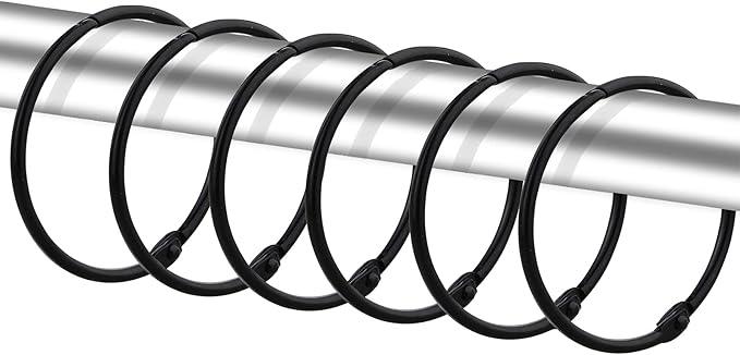 24pcs Shower Curtain Rings, Rust-Resistant Metal Round Shower Hooks for Bathroom Rod Curtains, Changing Room, Windows, Home Decoration, Movable Clasp (Black)