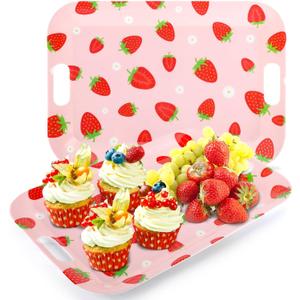 2Pcs Strawberry Serving Trays 16 x 11 Inch Large Melamine Strawberry Trays Platters with Handles Summer Berry Outdoor Food Trays Pink Serving Dishes for Strawberry Birthday Party Decorations