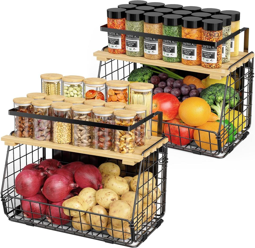 Magnetic Shelf for Fridge with Wood Lid: 2 Pack Fruit Potato and Onion Storage Bin - Magnetic Spice Rack for Refrigerator & Kitchen Counter - Pantry Organizers and Storage