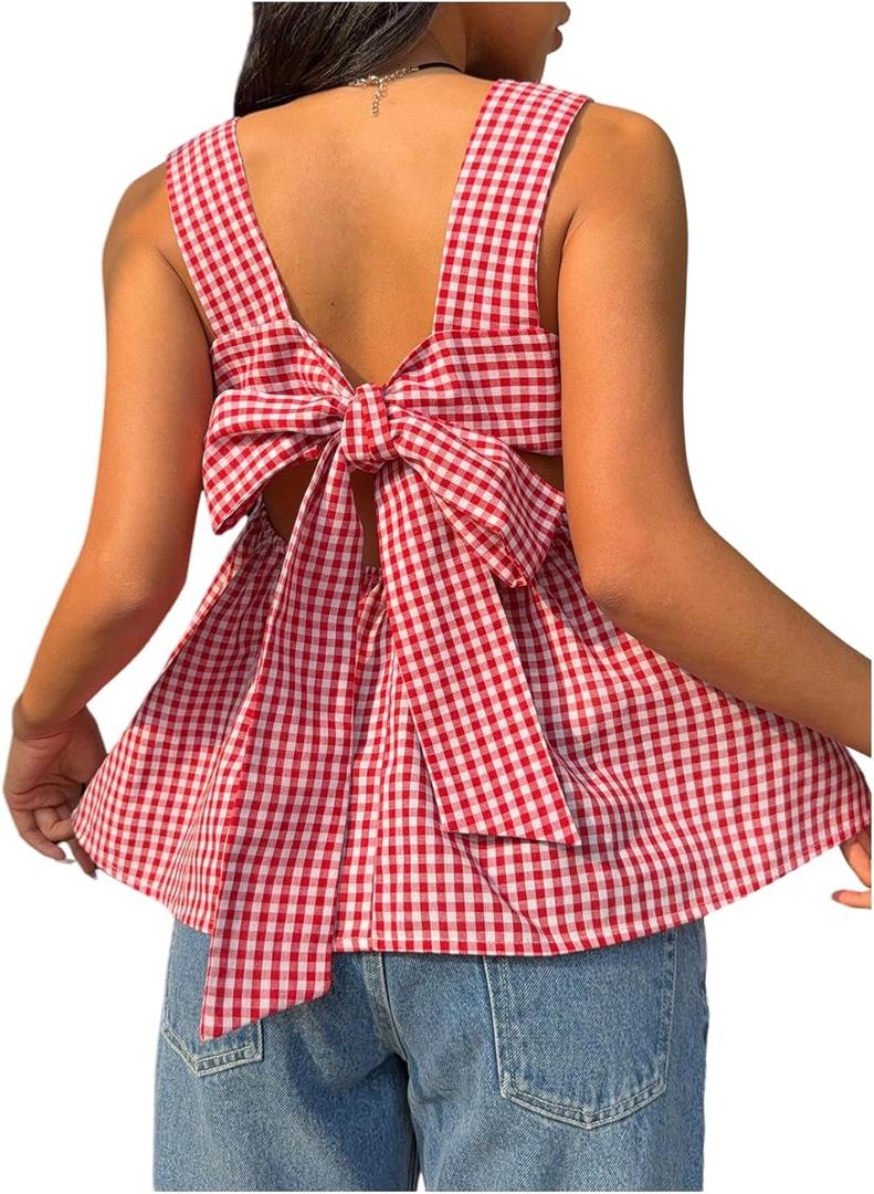 WDIRARA Women's Linen Tie Back Tank Top Square Neck Plaid Peplum Babydoll Tops (Red, M)