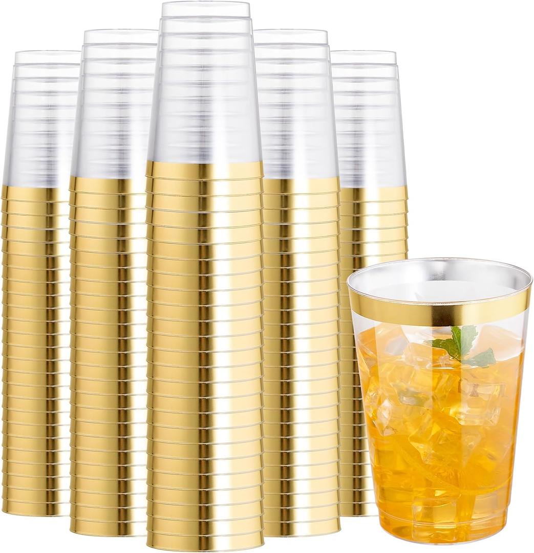 I00000 200 Pack 12 oz Gold Plastic Cups, Clear Disposable Cups, Disposable Plastic Glasses Cocktail Glasses Premium Cups with Gold Rim, 12 Ounce Tumblers for Party & Wedding
