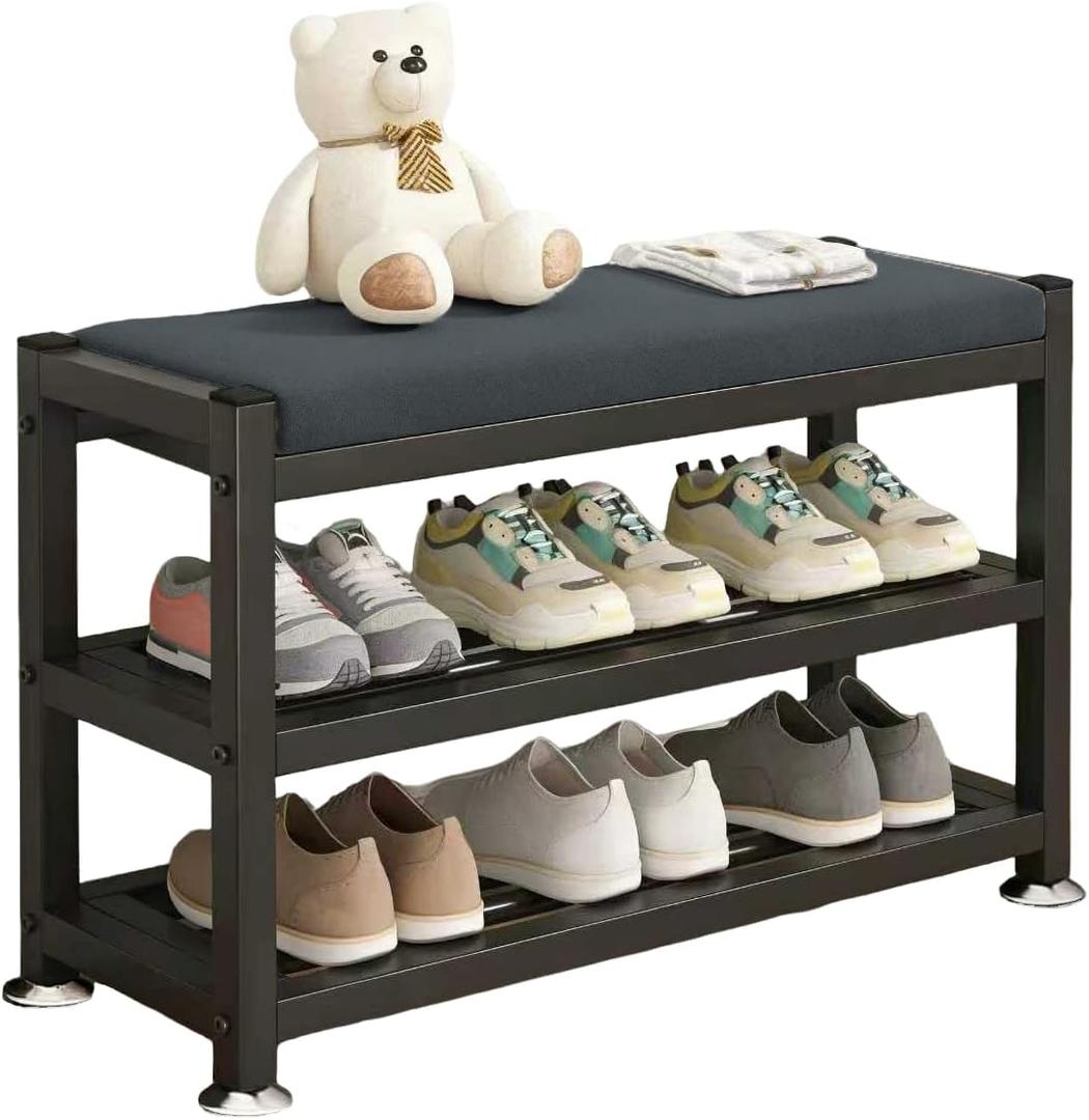 2-Tier Shoe Bench with Padded Cushion, 12-Pair Entryway Storage with Sturdy Metal Frame, Space-Saving Shoe Rack with Seat, Gray, 31.9x12x19.3 Inches