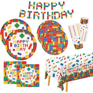 Building Block Party Supplies Paper Plates Napkins Cups Tablecloth Banner for Colorful Building Block Birthday Party Decorations for Boys, Kids Birthday Party Decorations Serve 25