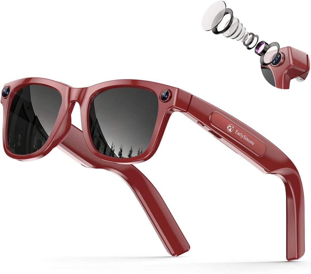 EarlySincere 2026 Ai Smart Glasses for Men Women, 8mp 4k Hd Camera Glasses, 410mah Battery, Supports Photo/ Video/ Audio Recording, Ai Voice Control, Ai Glasses with Bluetooth Calling(Porto red)