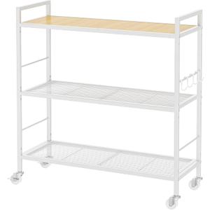 3-Tier Metal Storage Rack with Industrial Wheels,Mesh Shelving Unit with Wooden Table top,Adjustable Shelf,31.5-Inch Width, for Kitchen, Laundry,Pantry,Plant,Oak panel and white frame