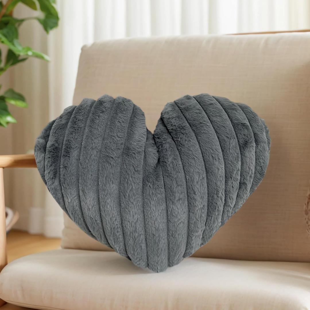 16 Inch Gray Heart Pillow Cute Soft Decorative Throw Pillows, Heart Shaped Fluffy Faux Fur Pillows Cushions for Couch Chair Bed Bedroom Room Home Decor Aesthetic (1, Gray, Medium-16 x13)