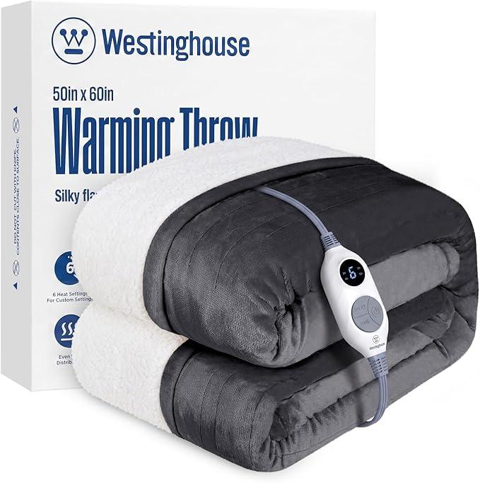 Westinghouse Heated Throw Blanket, Electric Blanket Throw with 6 Heating Levels and 210 Hours Time Settings, Flannel to Sherpa Super Cozy Heated Blanket Machine Washable, 50x60 inch, Charcoal