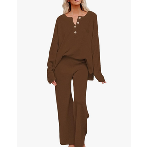 Women's 2 Piece Fall Outfit Lounge Set Long Sleeve Button Pullover Sweater Matching Wide Leg Pants Knit Sweatsuit, Brown