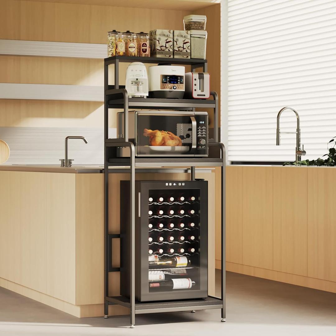 COCOLUCKY 4-Tier Mini Fridge Stand with Storage, Mini Fridge Cabinet with Storage, Mini Fridge and Microwave Oven Stand, Bakers Rack, Mini Fridge Shelf for Home Office Dorm (Black Wood Grain)