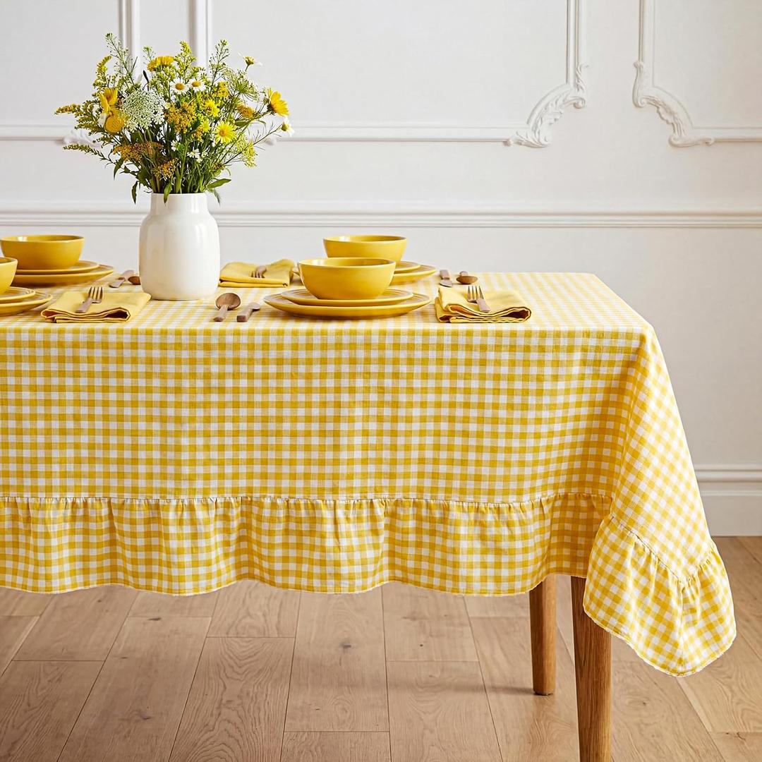 Moukeren 1 Piece Yellow Checkered Tablecloth with Ruffle Hem 60 x 90 Inches, Rectangle Farmhouse Table Cover for Kitchen, Wedding, Party, Indoor Outdoor Picnic and Daily Decor, Cotton Fabric