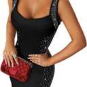 CHICME Women's Elegant Sleeveless Rhinestone Bodycon Midi Dress Square Neck Sparkly Cocktail Party Clubwear Dress (Large, Black)