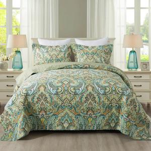 Etwel King Size Quilt Set, Crown Green King Quilt 3 Pieces, Lightweight Cotton Bedspread, Soft Bedding Set for All Season, Reversible Coverlet Bedding Set, King Size 106"x98"