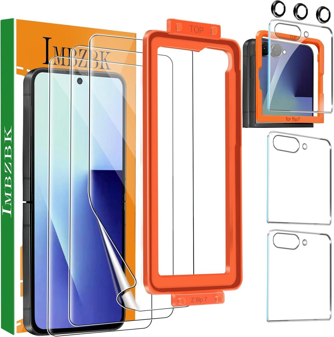 IMBZBK [Auto Installation] 3 Pack Screen Protector for Samsung Galaxy Z Flip 7, 3 Inside Flexible Film + 3 Front Tempered Glass + 3 Camera Lens Protector Accessories