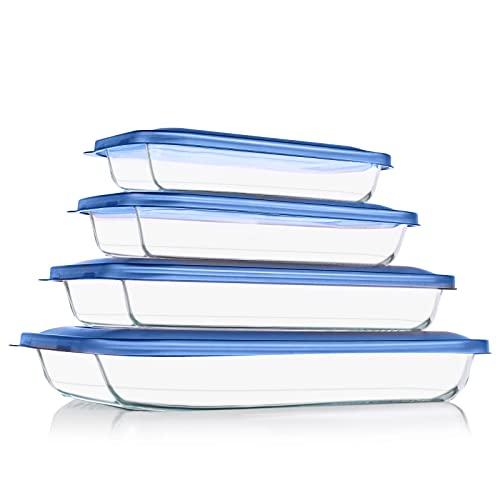 KOMUEE 8 Pieces Glass Baking Dish with Lids Rectangular Glass Baking Pan Bakeware Set with BPA Free Lids, Baking Pans for Lasagna, Leftovers, Cooking, Kitchen, Fridge-to-Oven,Blue