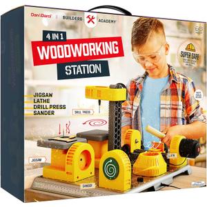 Dan&Darci 4 in 1 Woodworking Station for Kids - Wood Building Projects Kit for Boys - Real Construction Tools Sets - Boy Tool Set - Gifts Age 8 Year Old - Cool STEM Toys Kits Birthday Gift Ideas