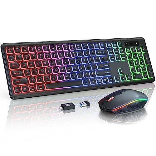 Wireless Keyboard and Mouse Combo, RGB Backlit, Rechargeable & Light Up Letters, Full-Size, Soft Typing, Sleep Mode, 2.4GHz Quiet Keyboard Set for Mac, Windows, Laptop, PC, Trueque (Black)
