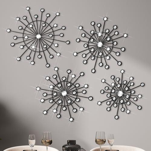 Blulu 4 Pcs Metal Wall Decor Bling Crystal Wall Art Cast Iron Rhinestones Sunburst Decor Starburst Art Hanging Diamond Accents Home Decorative for Living Room Bedroom Entryway(Black)