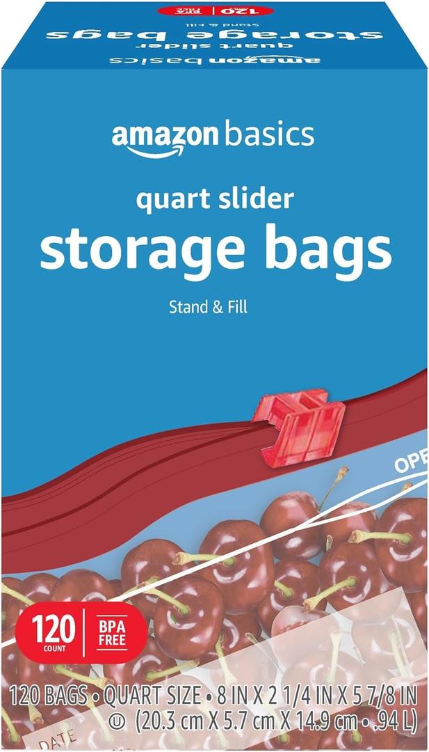 Amazon Basics Slider Quart Food Storage Bags, 120 Count (Previously Solimo) (Quart (120 Count))