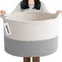 65L Large Blanket Basket,Woven Rope Laundry Basket Hamper with Handles,Decorative Nursery Basket Storage Bin for Toys, Pillows , Clothes Organizer, Living Room, Bedroom, Bathroom, White&Grey