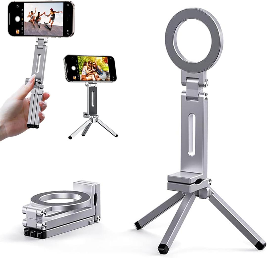 Magnetic Tripod for iPhone 16/15/14/13/12 Plus Pro Max Series,Aluminium Mini Magnetic Phone Tripod for iPhone & MagSafes,360 Adjustable Magic Clip Folding Magnetic Phone Stand,1/4" Screw (Silver)