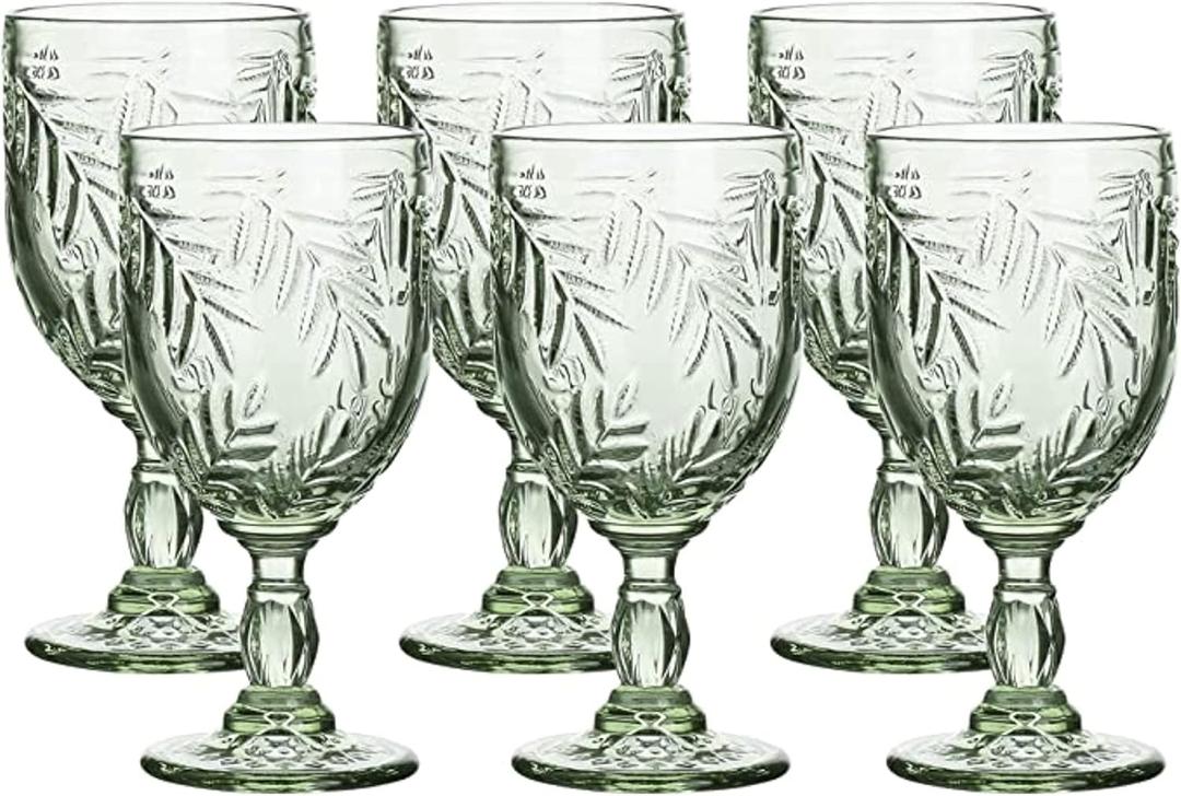 WHOLE HOUSEWARES Coloured Green Vintage Wine Glass Goblet, 8.5 oz Embossed Design, Wedding, Party Glass Set of 6 (Green)
