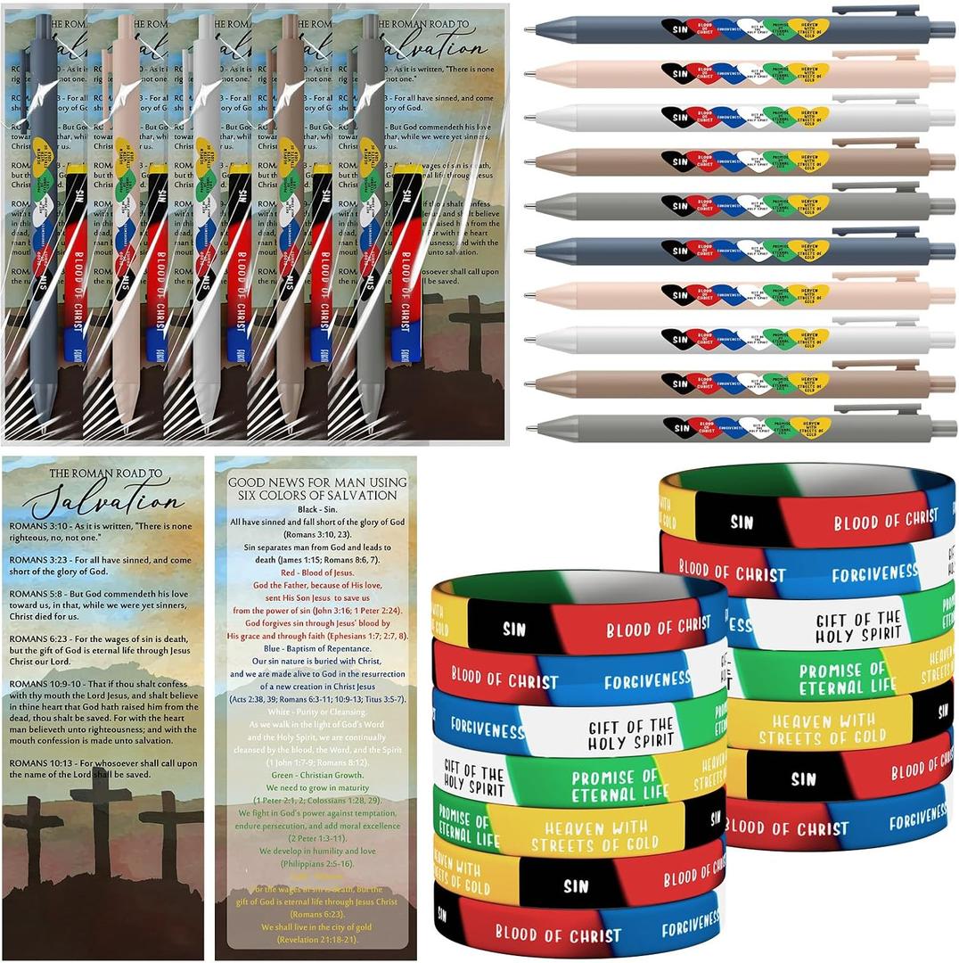 Sayglossy 25 Sets/100 Pcs Father's Day Christian Gifts for Men Bulk Religious Gift Set with Bible Verse Pens Salvation Silicone Bracelets Roman Road Cards for Dad Pastor Church Ministry (Classic)