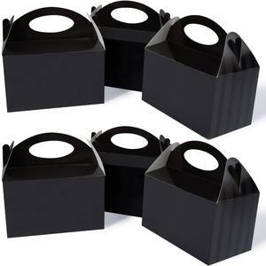 Happyhiram Black 50 CT 6 Inch Candy Boxes Party Favors Stripes Paper Cookie Gift Bags with Handles Gable Boxes Goodie Snack Bags for Graduation Birthday Party (Pop-up Black)