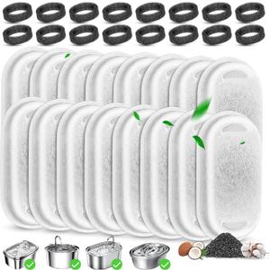 Cat Water Fountain Filters Replacement, 16 Pcs Pet Water Fountain Filter with 16 Pcs Foam Sponges for 67oz/2L & 108oz/3.2L Stainless Steel Pet Cat Water Fountain Dispenser Filters