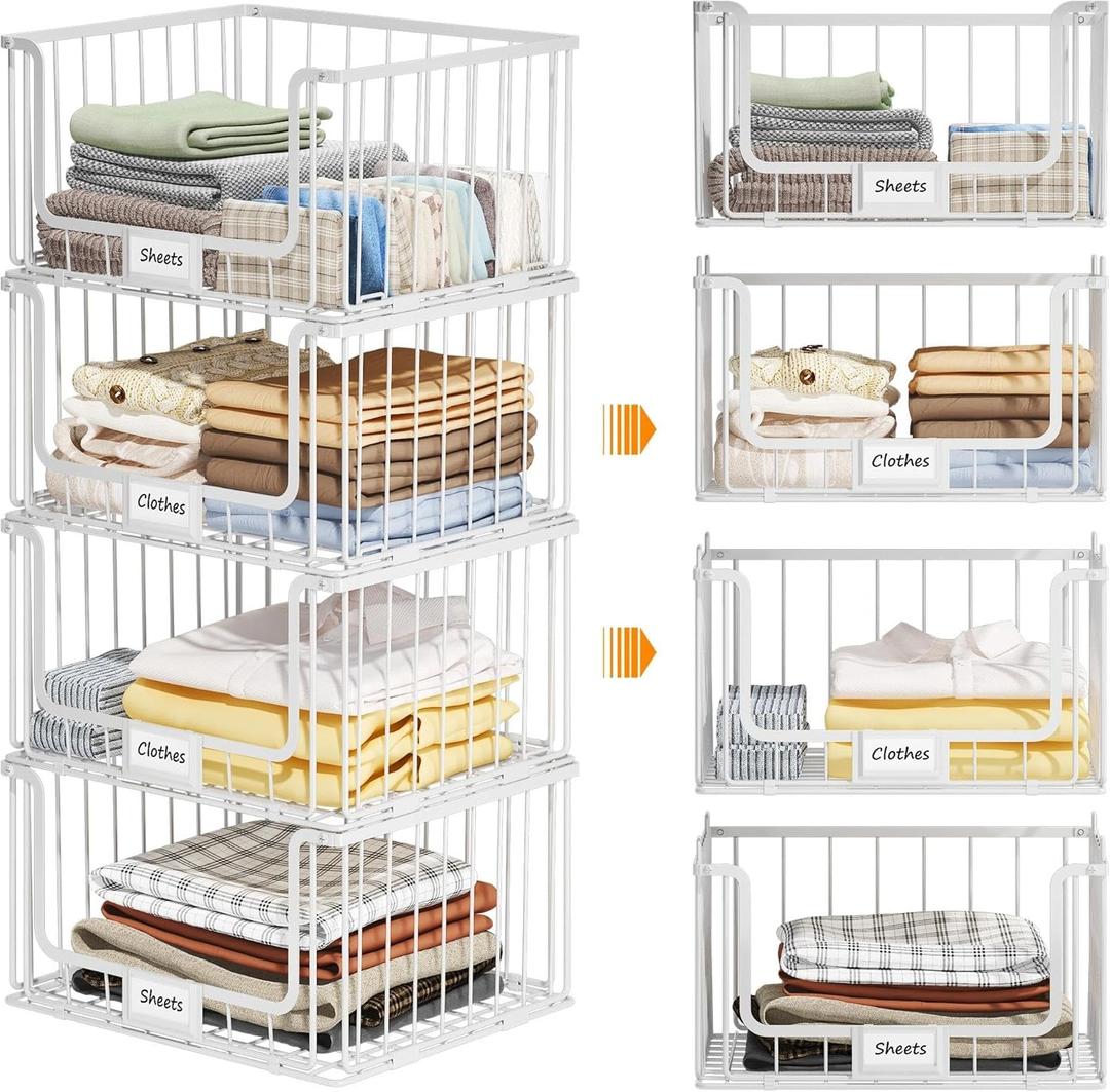 Quszmd 4Tier Stackable Closet Organizers and Storage, Clothes Shelf Organizer, Foldable Wire Basket Bins, Sweater Storage for Closet and Pantry,11.8" D x 15.7" W, White