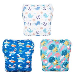 Babygoal Baby & Toddler Boys&Girls Swim Diapers, Reusable Adjustable Washable One Size Fits 6M-3T Gifts and Swimming Lessons 3 Pack 3ZSD26 (Large, Boat,whale,seaweed)