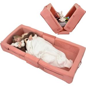 ENITYA Toddler Travel Bed, Folding Floor Cot for Travel, Portable Kids Bed for Sleeping, Washable Toddler Cot for Children 1 4yr Old, Pink (55*25*7in)