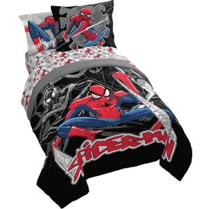 Jay Franco Kids Comforter Set Includes Sheets and Pillow Covers - Soft and Cozy Bed Set for Stylish Room Decor, Black - Spiderman, 5 Piece Twin Bedding