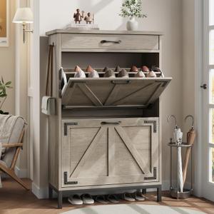 Shoe Storage Cabinet with 2 Flip Drawers, Narrow Shoe Cabinet for Entryway with 1 Top Drawer, Freestanding Hidden Shoe Rack Cabinet with Metal Legs for Foyer, Hallway (Grey)