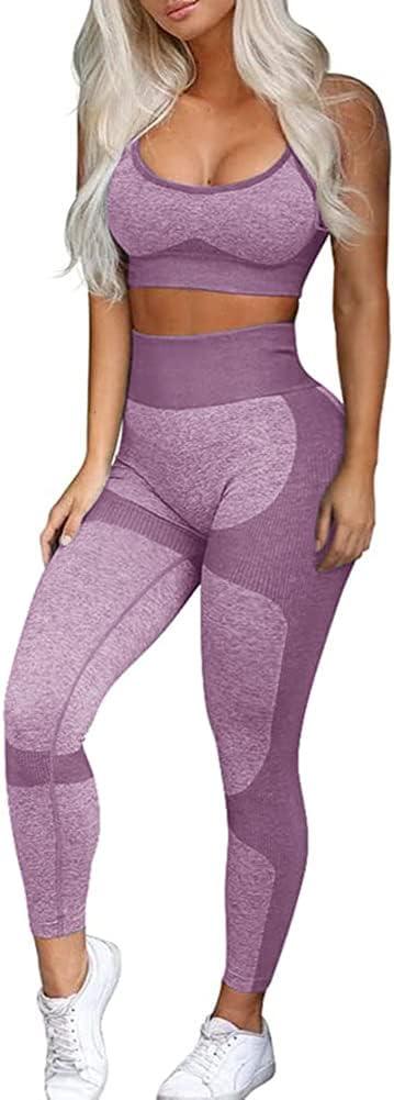 OLCHEE Womens Workout Sets 2 Piece - Seamless Yoga Leggings and Cross-Strap Sports Bra Gym Outfits Activewear Matching Set (Medium)
